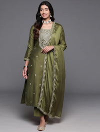 Thumbnail for NOZ2TOZ Women Party Wear Embroidery Worked Kurta With Pant And Dupatta Set - Mahendi