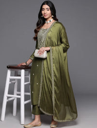 Thumbnail for NOZ2TOZ Women Party Wear Embroidery Worked Kurta With Pant And Dupatta Set - Mahendi