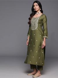 Thumbnail for NOZ2TOZ Women Party Wear Embroidery Worked Kurta With Pant And Dupatta Set - Mahendi