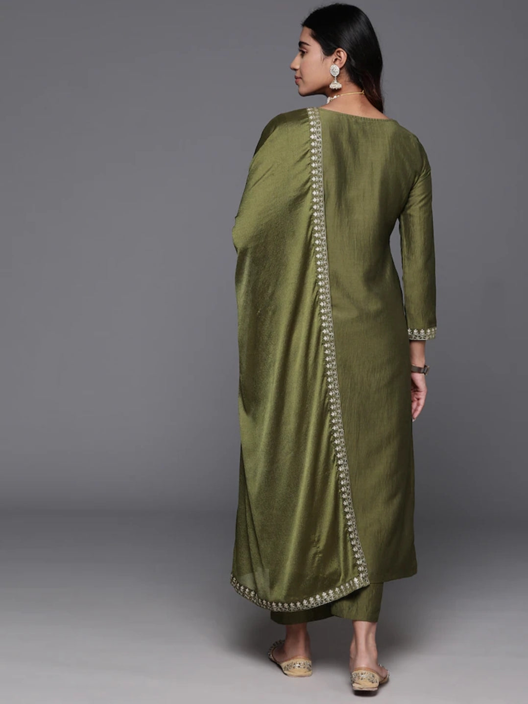 NOZ2TOZ Women Party Wear Embroidery Worked Kurta With Pant And Dupatta Set - Mahendi
