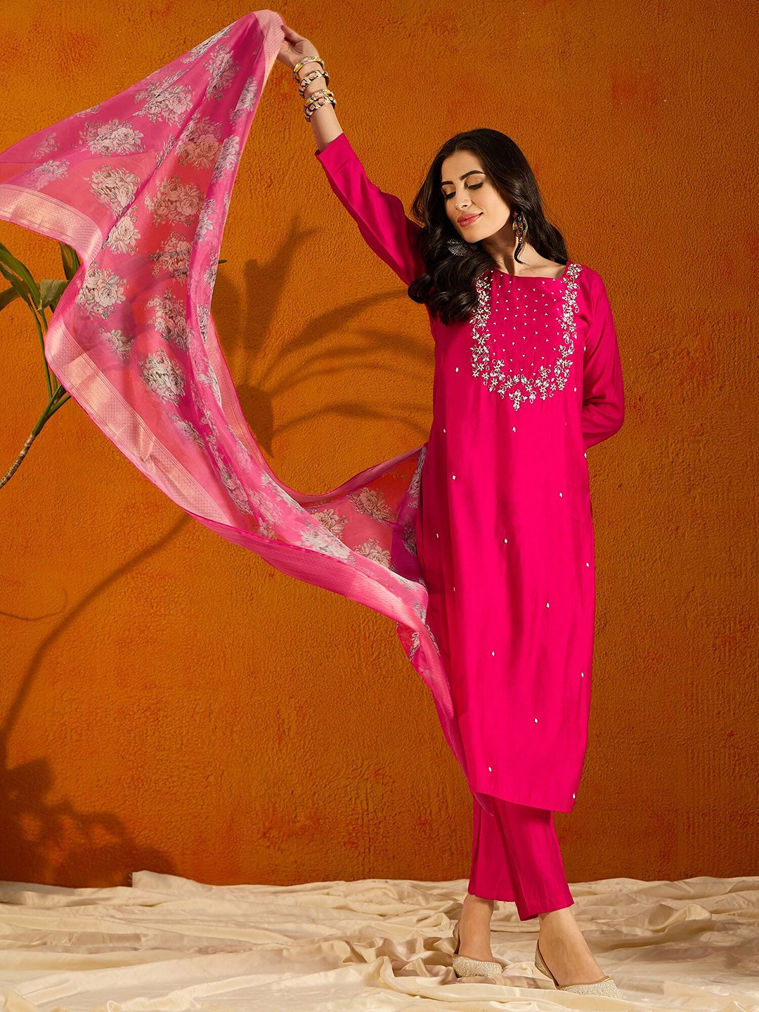 NOZ2TOZ Women Party Wear Embroidery Worked Kurta With Pant And Dupatta Set - Pink