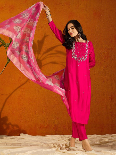 NOZ2TOZ Women Party Wear Embroidery Worked Kurta With Pant And Dupatta Set - Pink