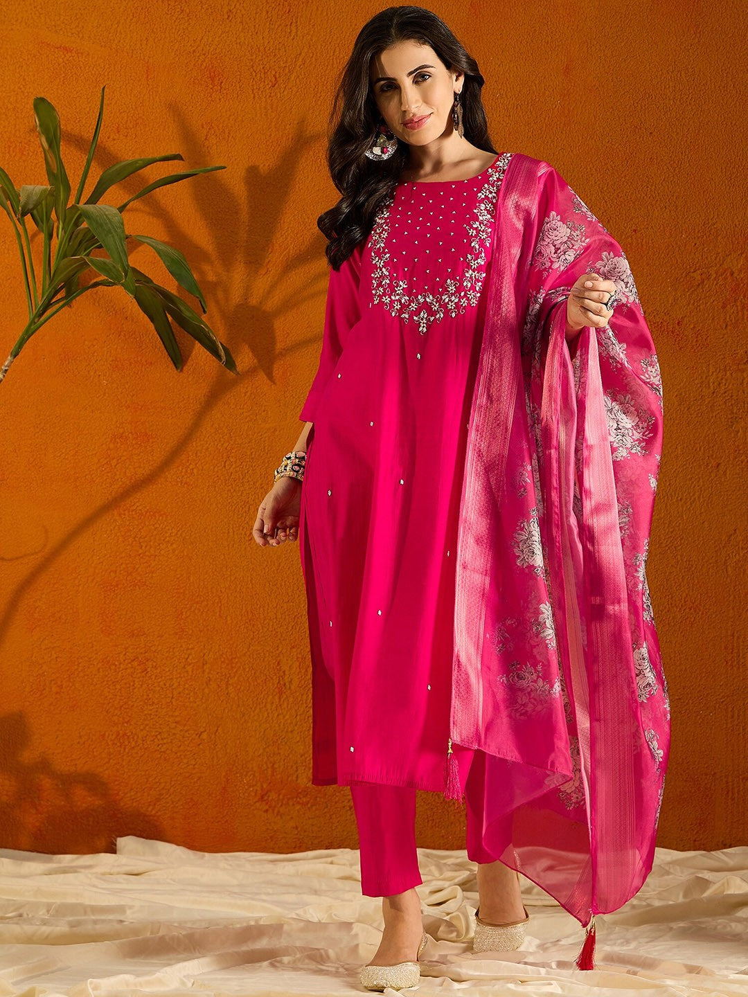 NOZ2TOZ Women Party Wear Embroidery Worked Kurta With Pant And Dupatta Set - Pink