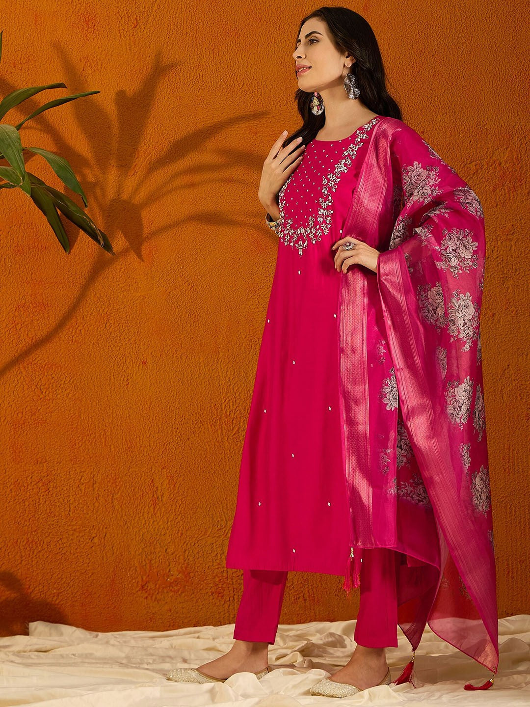 NOZ2TOZ Women Party Wear Embroidery Worked Kurta With Pant And Dupatta Set - Pink