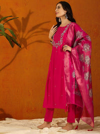 Thumbnail for NOZ2TOZ Women Party Wear Embroidery Worked Kurta With Pant And Dupatta Set - Pink
