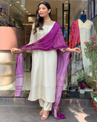 Thumbnail for NOZ2TOZ Women Party Wear Embroidery Worked Viscose Kurta With Pant And Dupatta Set - Off White