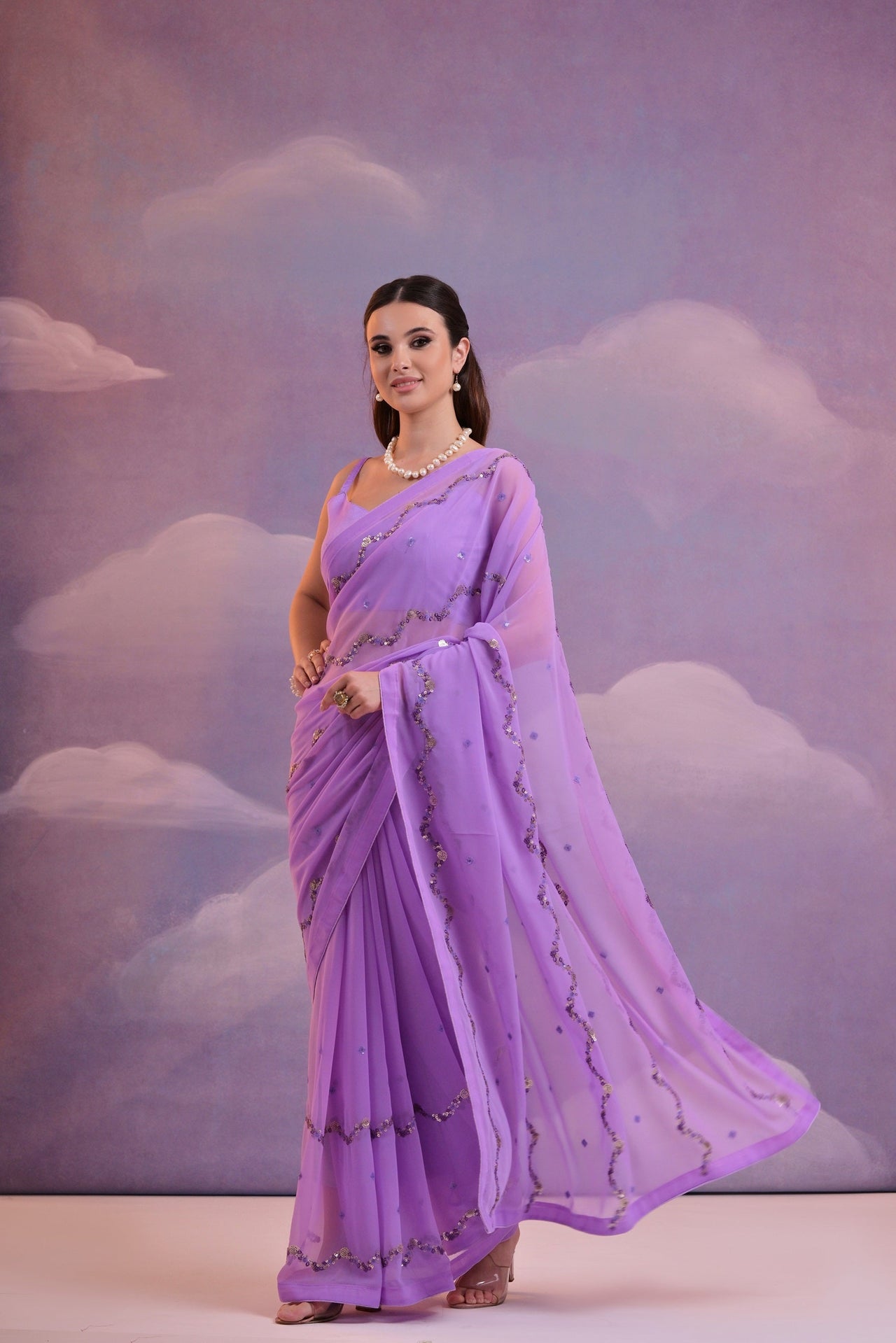 NOZ2TOZ Women Party Wear Sequence Embroidery Worked Georgette Saree with Unstitched Blouse - Purple