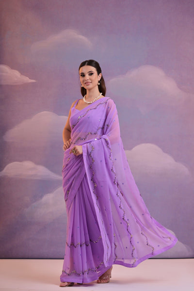 NOZ2TOZ Women Party Wear Sequence Embroidery Worked Georgette Saree with Unstitched Blouse - Purple