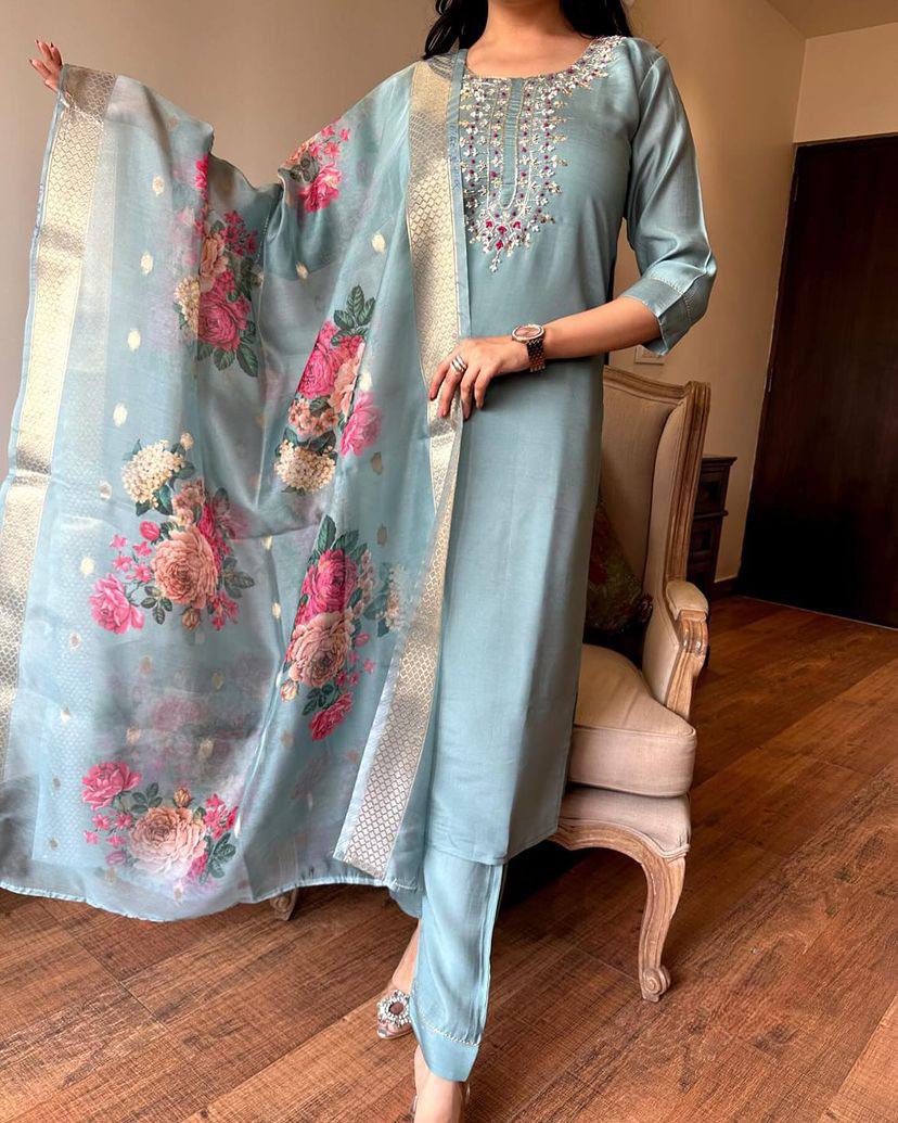 NOZ2TOZ Women Party Wear Embroidery Worked Kurta With Pant And Dupatta Set - Petrol Green