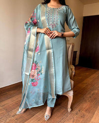 Thumbnail for NOZ2TOZ Women Party Wear Embroidery Worked Kurta With Pant And Dupatta Set - Petrol Green