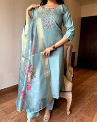 Thumbnail for NOZ2TOZ Women Party Wear Embroidery Worked Kurta With Pant And Dupatta Set - Petrol Green