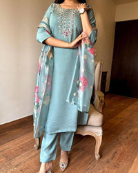 Thumbnail for NOZ2TOZ Women Party Wear Embroidery Worked Kurta With Pant And Dupatta Set - Petrol Green