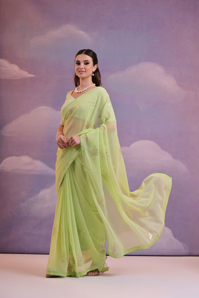 NOZ2TOZ Women Party Wear Sequence Embroidery Worked Georgette Saree with Unstitched Blouse - Parrot Green