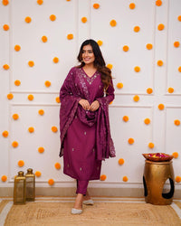 Thumbnail for NOZ2TOZ Women Party Wear Embroidery Worked Kurta With Pant And Dupatta Set - Wine