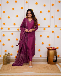 Thumbnail for NOZ2TOZ Women Party Wear Embroidery Worked Kurta With Pant And Dupatta Set - Wine