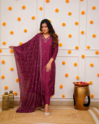 Thumbnail for NOZ2TOZ Women Party Wear Embroidery Worked Kurta With Pant And Dupatta Set - Wine