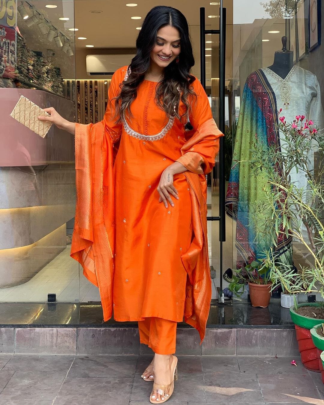 Lyush Women Party Wear Embroidery Worked Kurta With Pant And Duppata Set - Orange