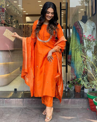 Thumbnail for Lyush Women Party Wear Embroidery Worked Kurta With Pant And Duppata Set - Orange