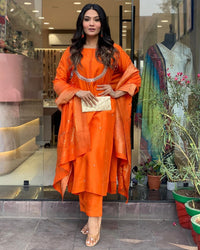 Thumbnail for Lyush Women Party Wear Embroidery Worked Kurta With Pant And Duppata Set - Orange