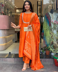 Thumbnail for Lyush Women Party Wear Embroidery Worked Kurta With Pant And Duppata Set - Orange