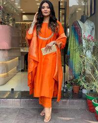 Thumbnail for Lyush Women Party Wear Embroidery Worked Kurta With Pant And Duppata Set - Orange