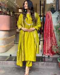 Thumbnail for Lyush Women Party Wear Embroidery Worked Kurta With Pant And Duppata Set - Yellow