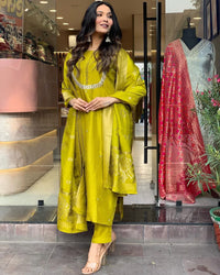 Thumbnail for Lyush Women Party Wear Embroidery Worked Kurta With Pant And Duppata Set - Yellow