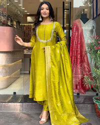 Thumbnail for Lyush Women Party Wear Embroidery Worked Kurta With Pant And Duppata Set - Yellow