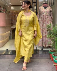 Thumbnail for Lyush Women Party Wear Embroidery Worked Kurta With Pant And Duppata Set - Yellow