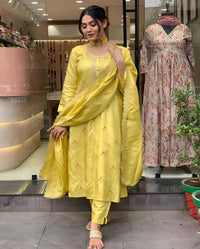 Thumbnail for Lyush Women Party Wear Embroidery Worked Kurta With Pant And Duppata Set - Yellow