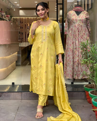 Thumbnail for Lyush Women Party Wear Embroidery Worked Kurta With Pant And Duppata Set - Yellow