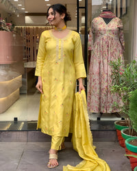 Thumbnail for Lyush Women Party Wear Embroidery Worked Kurta With Pant And Duppata Set - Yellow