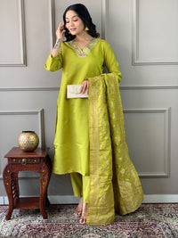 Thumbnail for Lyush Women Party Wear Embroidery Worked Kurta With Pant And Dupatta Set - Parrot Green