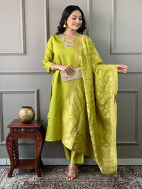 Thumbnail for Lyush Women Party Wear Embroidery Worked Kurta With Pant And Dupatta Set - Parrot Green