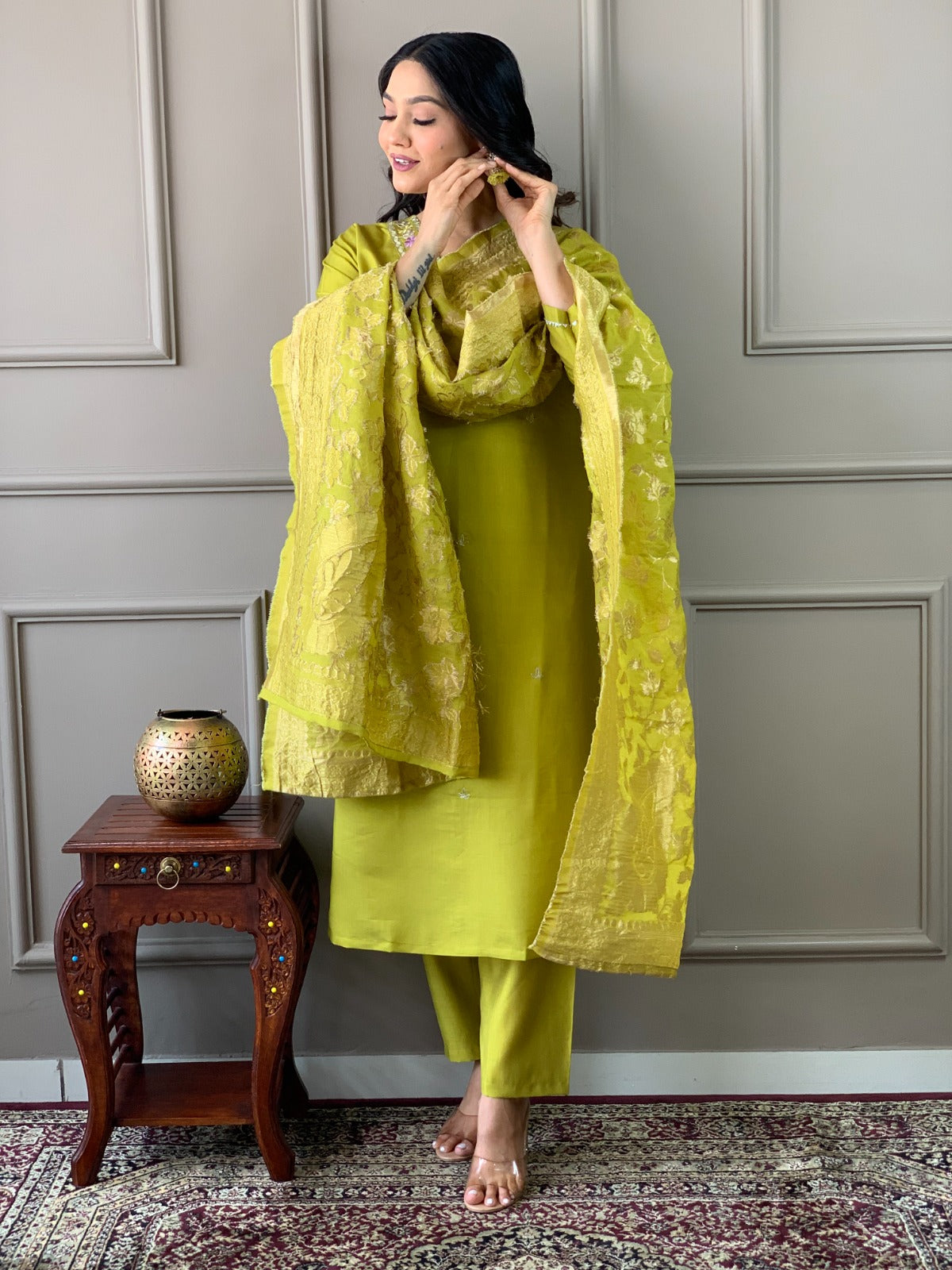 Lyush Women Party Wear Embroidery Worked Kurta With Pant And Dupatta Set - Parrot Green