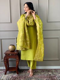 Thumbnail for Lyush Women Party Wear Embroidery Worked Kurta With Pant And Dupatta Set - Parrot Green