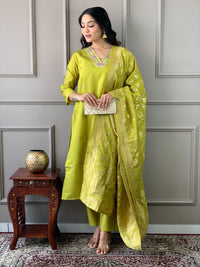 Thumbnail for Lyush Women Party Wear Embroidery Worked Kurta With Pant And Dupatta Set - Parrot Green