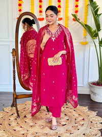 Thumbnail for Lyush Women Party Wear Embroidery Worked Kurta With Pant And Duppata Set - Gajri