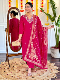 Thumbnail for Lyush Women Party Wear Embroidery Worked Kurta With Pant And Duppata Set - Gajri