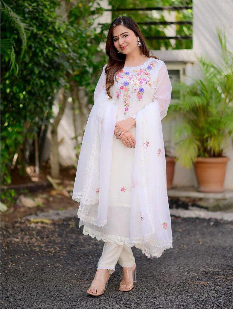 Lyush Women Party Wear Embroidery Worked Kurta With Pant And Duppata Set - White