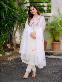 Thumbnail for Lyush Women Party Wear Embroidery Worked Kurta With Pant And Duppata Set - White