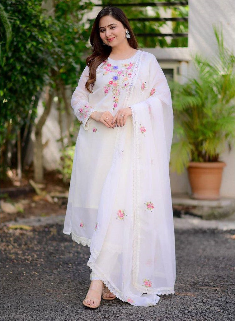 Lyush Women Party Wear Embroidery Worked Kurta With Pant And Duppata Set - White