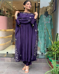 Thumbnail for Lyush Women Party Wear Embroidery Worked Kurta With Pant And Duppata Set - Purple