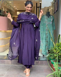 Thumbnail for Lyush Women Party Wear Embroidery Worked Kurta With Pant And Duppata Set - Purple