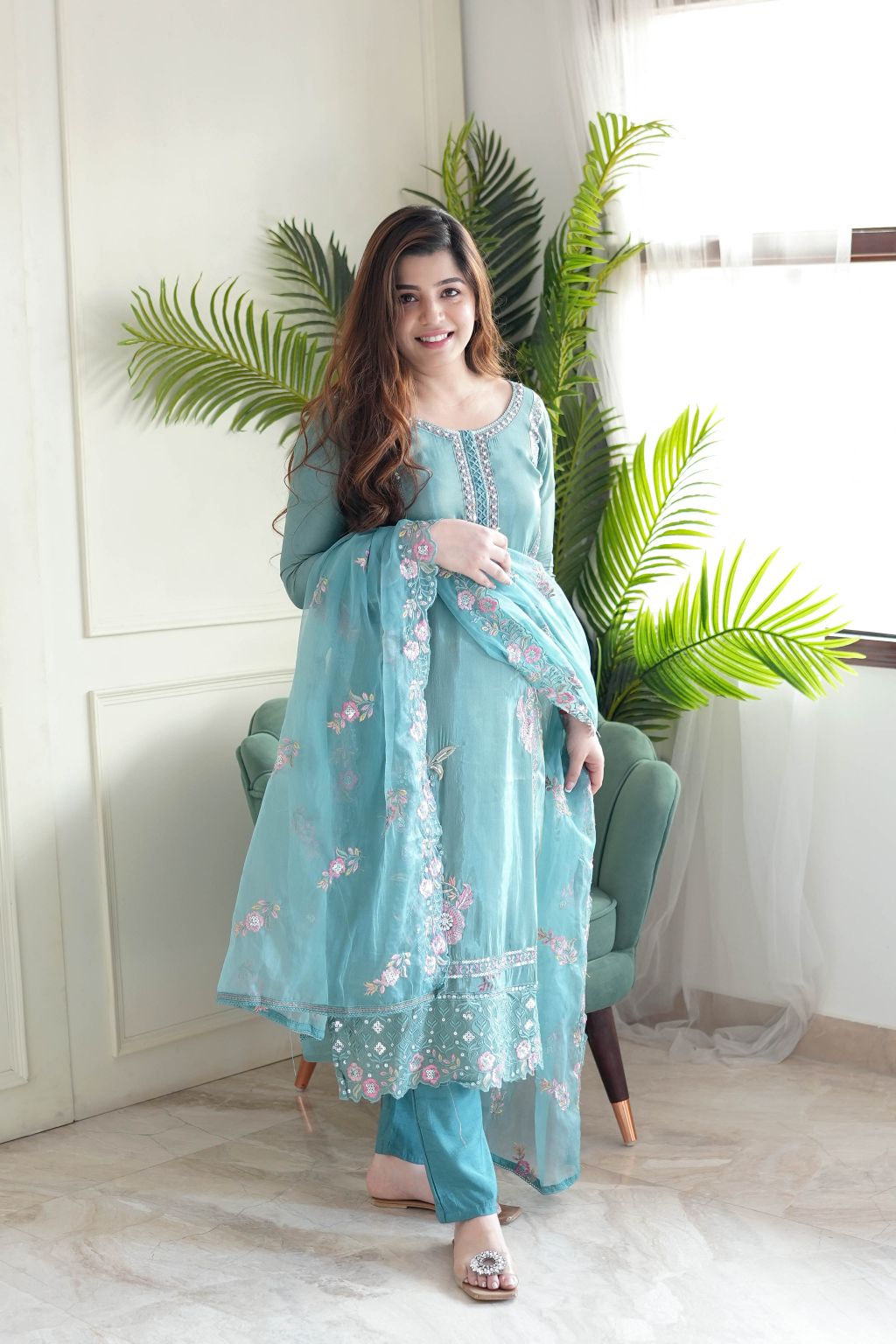 Lyush Women Party Wear Embroidery Worked Kurta With Pant And Dupatta Set - Sky Blue