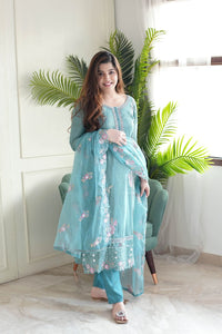 Thumbnail for Lyush Women Party Wear Embroidery Worked Kurta With Pant And Dupatta Set - Sky Blue