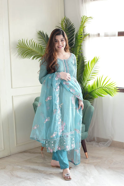 Lyush Women Party Wear Embroidery Worked Kurta With Pant And Dupatta Set - Sky Blue