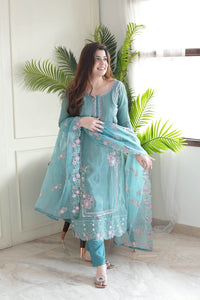 Thumbnail for Lyush Women Party Wear Embroidery Worked Kurta With Pant And Dupatta Set - Sky Blue