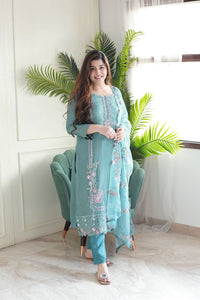 Thumbnail for Lyush Women Party Wear Embroidery Worked Kurta With Pant And Dupatta Set - Sky Blue