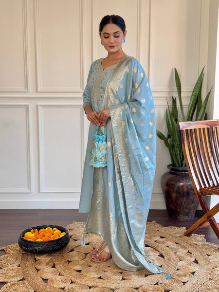 Lyush Women Party Wear Embroidery Worked Kurta With Pant And Duppata Set - Sky Blue